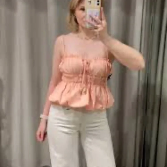 Zara  NWT Peach Linen Elastic top bubble hem beads bow tight ref 8372/113/696 - Picture 4 of 15